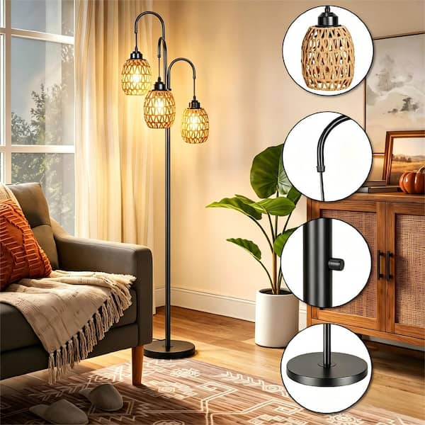69 in. Black Dimmable Tree Floor Lamp with 3 Arc Hanging Rattan LampShade and Efficient Energy LED