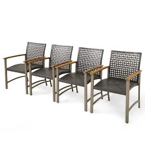 Outdoor Rattan Chair Set of 4 Patio PE Wicker Dining Chairs w/Acacia Wood Armrests Balcony Poolside