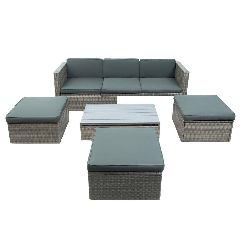 5-Piece Wicker Patio Sofa Set with Gray Cushions