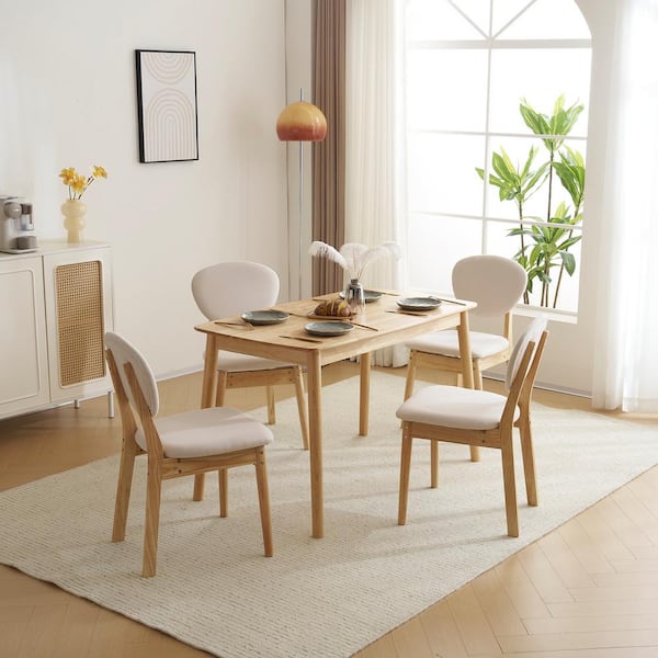 Karl home 5-Pieces, 1-Table 4-Chairs, Rectangular, Raw Wood Colour, Rubber Wood Dining Table Set with Beige Cushions