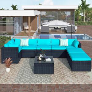 9-Piece Black Frame PE Wicker Rattan Outdoor Patio Conversation Sectional Seating Set with Blue Cushions