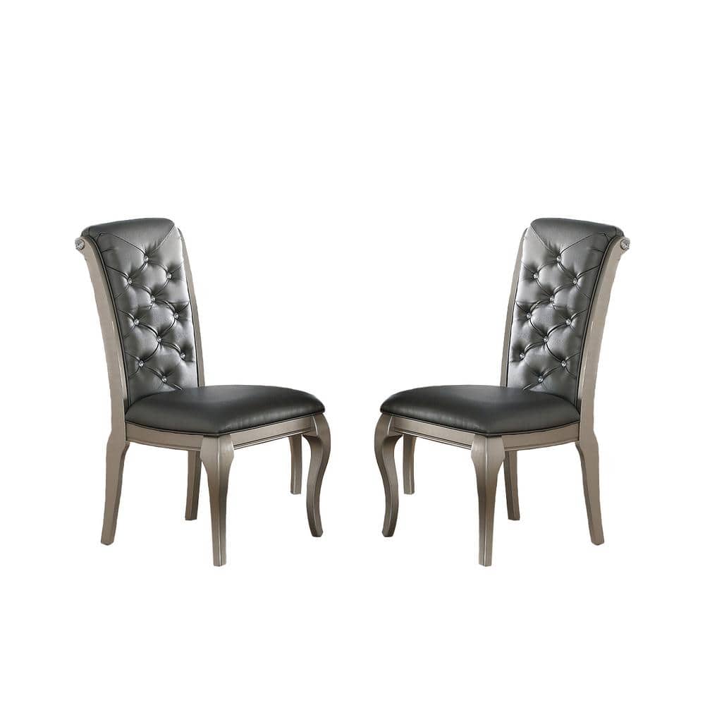 Liboria Solid Wood and Silver Faux Leather Dining Chair (Set of 2)