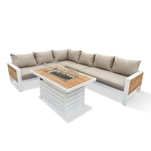 Denver 5-Piece Aluminum Outdoor Patio Fire Pit Deep Sectional Seating Set with Cast Ash Acrylic Cushions