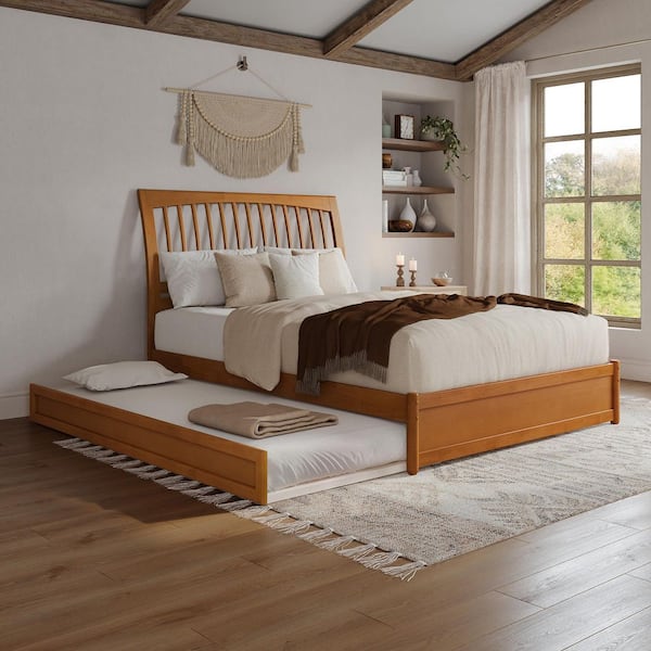 Roslyn Light Toffee Natural Bronze Solid Wood Frame Queen Platform Bed with Panel Footboard and Twin XL Trundle