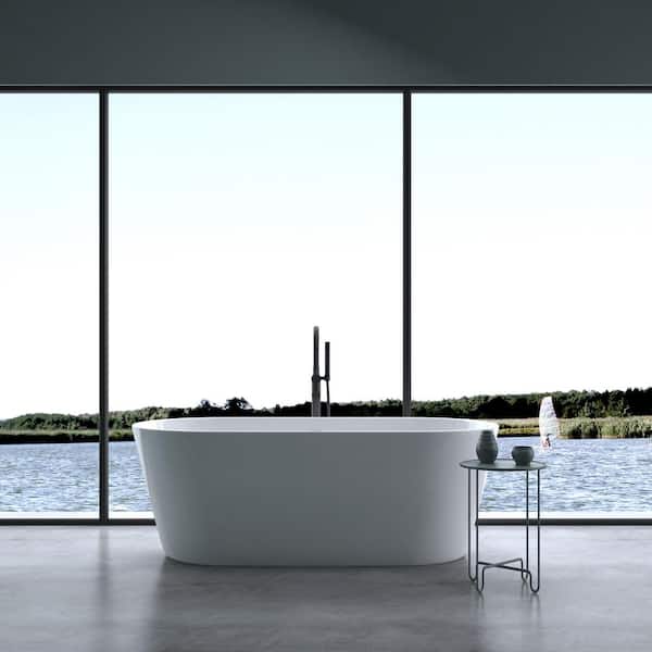 VANITYFUS 59 in. Acrylic Freestanding Flatbottom Double Ended Soaking Bathtub in Glossy White with Drain and Overflow