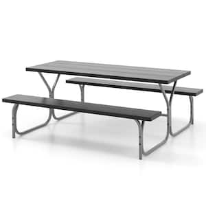 72 in. Black Rectangle Metal Picnic Table Bench Set with HDPE Tabletop with Umbrella Hole for 8 Person