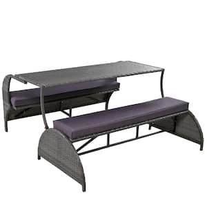 Gray Wicker Outdoor Loveseat with Purple Cushion, Convertible to four seats and a table