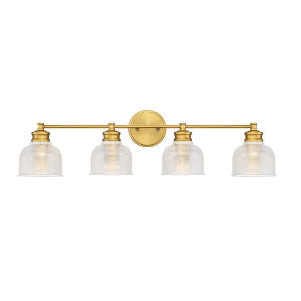 TUXEDO PARK LIGHTING 32 in. W x 9.25 in. H 4-Light Natural Brass Bathroom Vanity Light with Clear Glass Shades
