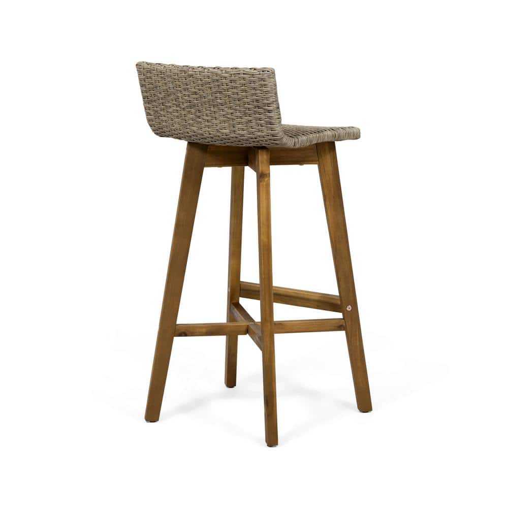 Light Brown Acacia Wood and Wicker Outdoor Barstools, Set of 2
