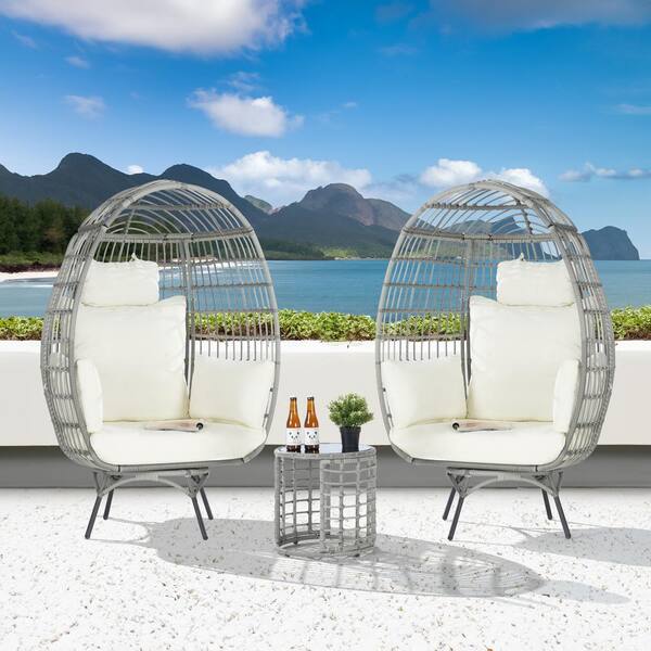 BFB 3-Piece Patio Wicker Swivel Lounge Outdoor Bistro Set with Side Table, Beige Cushions