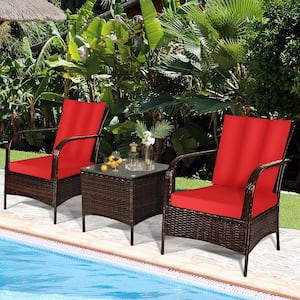 3-Piece Rattan Patio Conversation Set Outdoor Furniture Set with Red Cushions