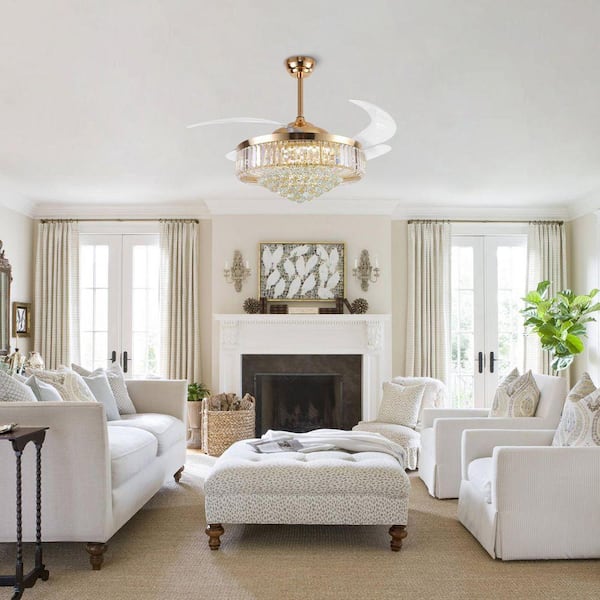 52 in. Smart Downrod Mount Indoor Retractable Gold Crystal Fandelier Ceiling Fan with Integrated LED and Remote/APP