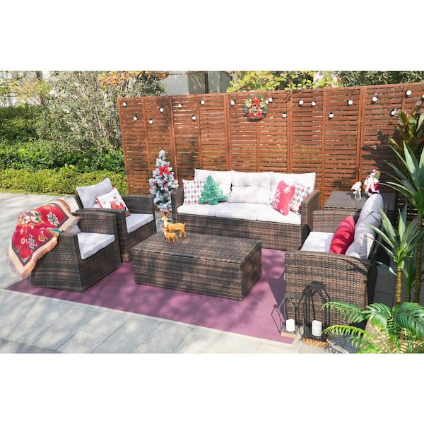 moda furnishings Cara 6-Piece Wicker Patio Conversation Set with Gray Cushions