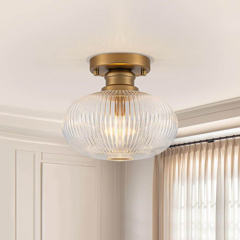 8.58 in. 1-Light Round Matte Brass Semi-Flush Mount Ceiling Light with Ribbed Glass for Dining Room price history on PriceWatchPro