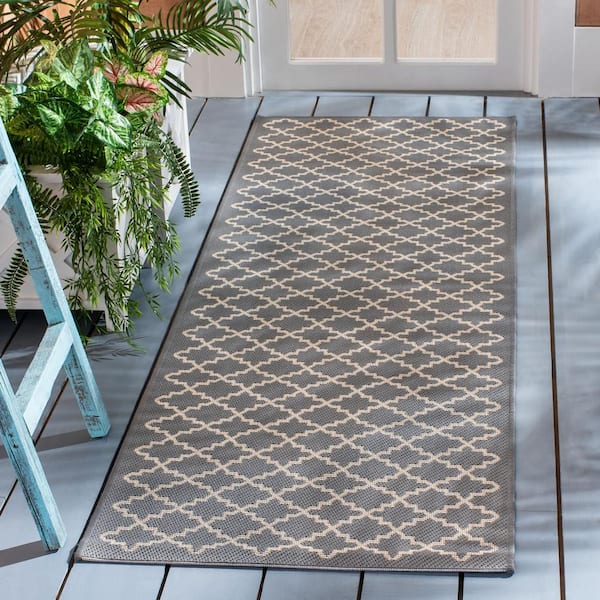 Courtyard Anthracite/Beige 2 ft. x 16 ft. Geometric Indoor/Outdoor Patio  Runner Rug