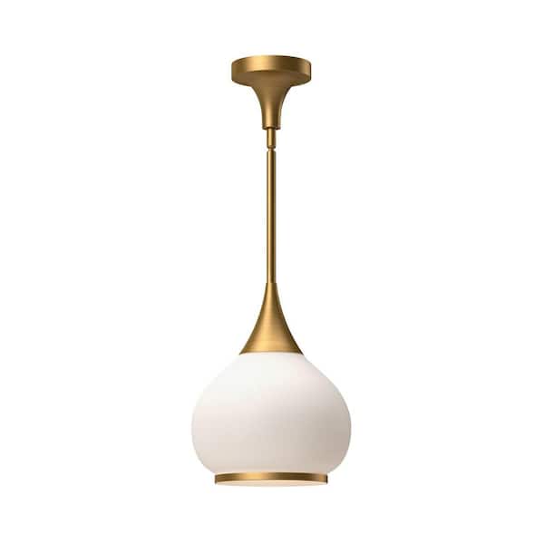 KUZCO Hazel 60-Watt 1-Light Aged Brass/Matte Opal Glass Pendant Light