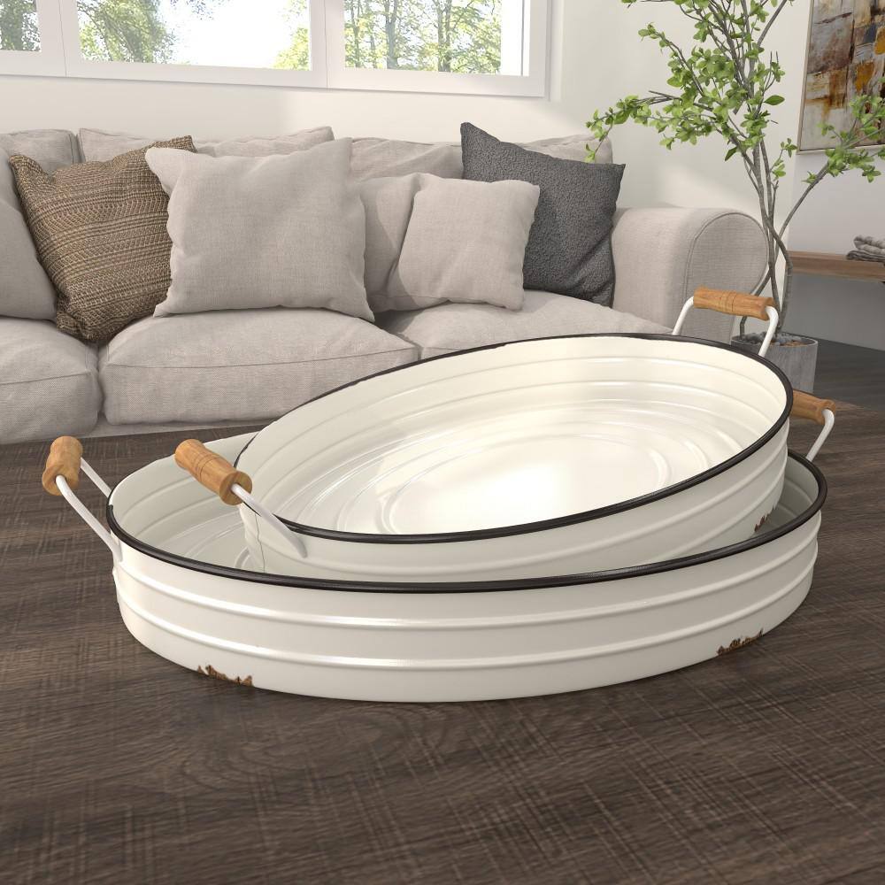 Farmhouse White Metal Tray Set with Wooden Handles, 2-Piece