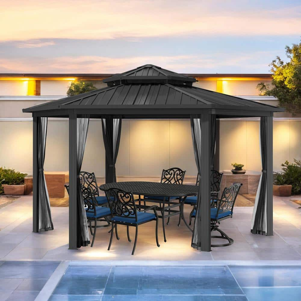 Boyel Living 15 ft. x 15 ft. Black Outdoor Hexagon Hardtop Gazebo with Nettings Aluminum Frame