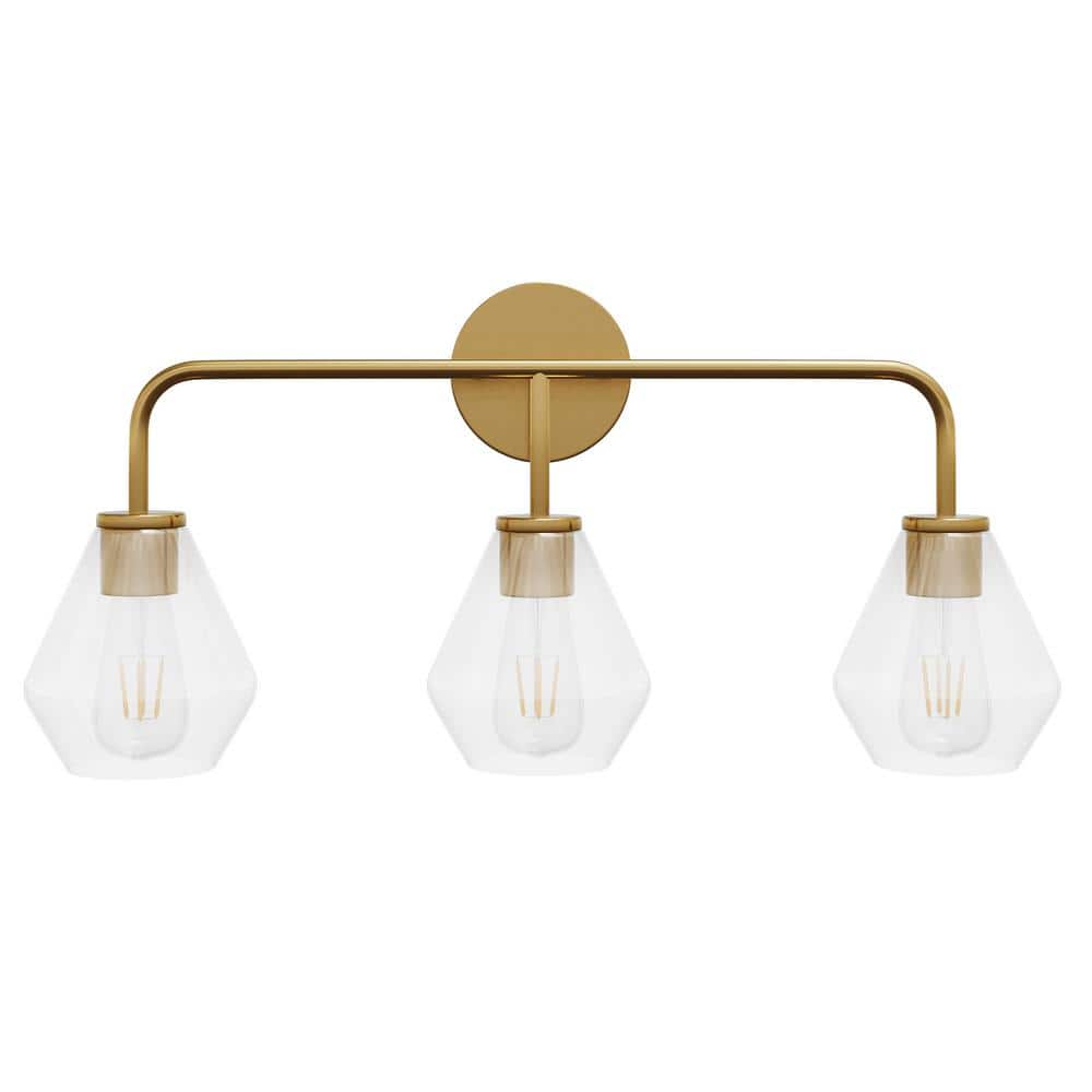Modern 26.37 in. 3-Light Brushed Gold Bathroom Vanity Light Over Mirror wit