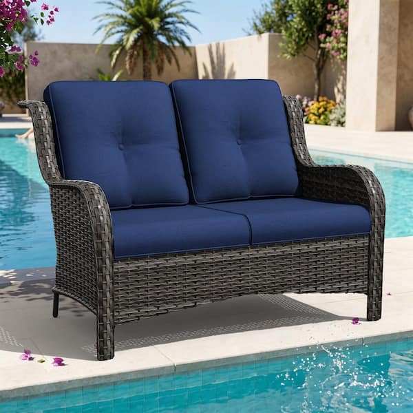 Brown Wicker Outdoor Couch Patio Loveseat Deep Seating with Blue Cushions