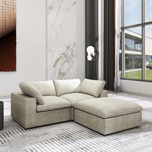 3-Piece Light Brown Linen L Shaped Sectional Sofa Living Room Set with Removable Covers and Ottoman