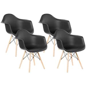 Mid-Century Modern Black Style Plastic DAW Shell Dining Arm Chair with Wooden Dowel Eiffel Legs (Set of 4)