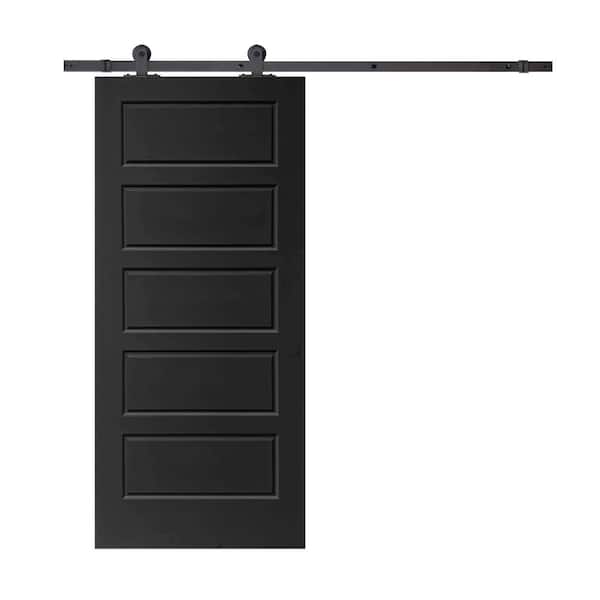 CALHOME 30 in. x 80 in. Black Stained Composite MDF 5 Panel Interior Sliding Barn Door with Hardware Kit