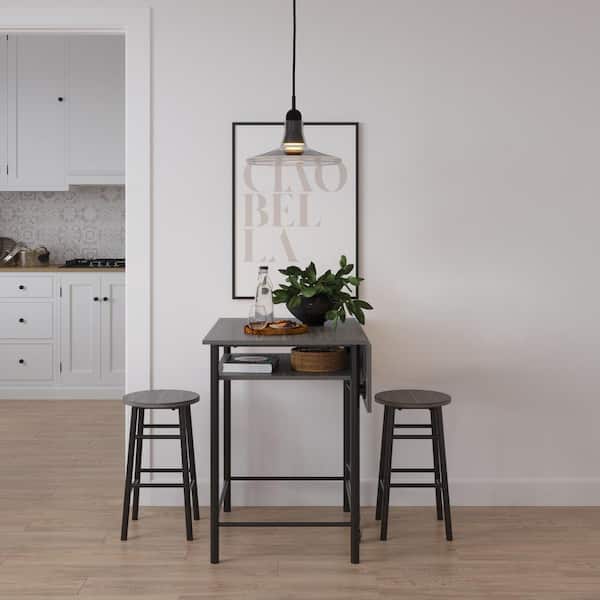 REALROOMS Jace Kitchen Pub Set with Drop Leaf, Black/Gray Wood