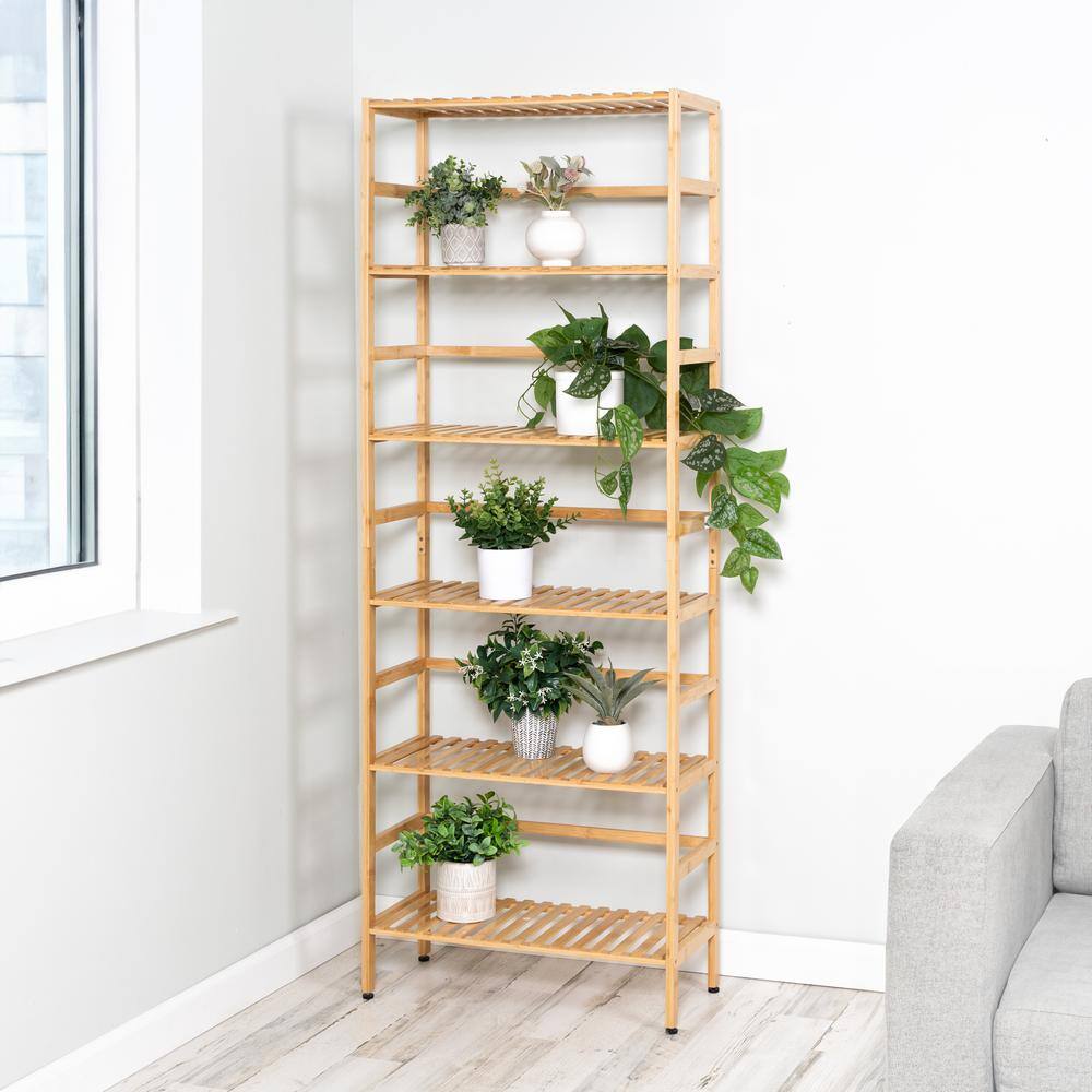 Natural Bamboo 6-Tier Adjustable Bookshelf, 64" Tall