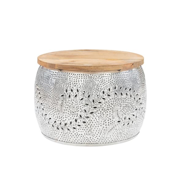 Linon Home Decor Aaliyah Silver Metal 27.5 in. Round 18.5 in. H Storage Drum Table with Mango Wood Top