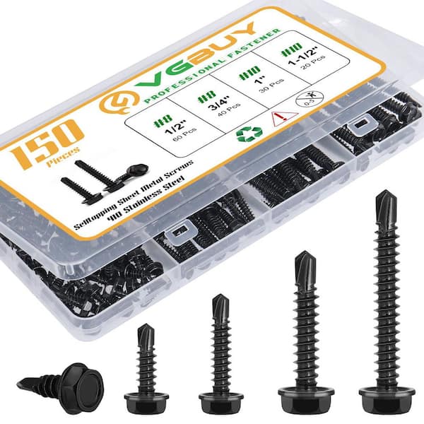 Stainless Steel Self Drilling Screws Assortment Kit, with Hex Washer Head for Metal, Wood and Plastic, Black (150-Pack)