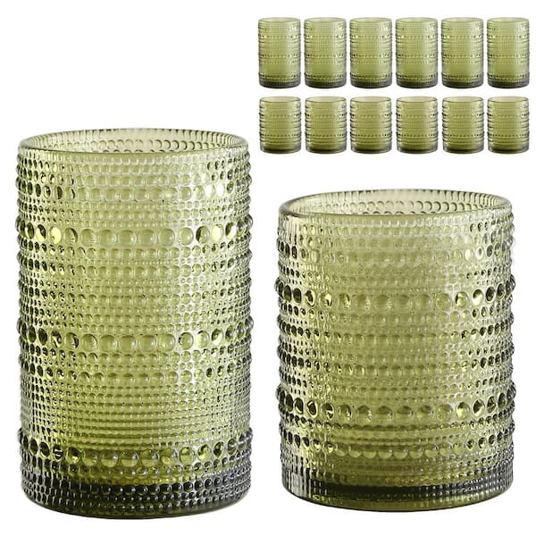 12-Piece Green 12 oz. & 15 oz. Hobnail Glass Cups with 1 Cleaning Brush Embossed Water Tumbler for Beer Cocktail Whiskey