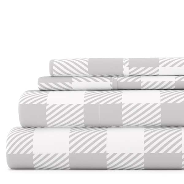 Becky Cameron Premium Ultra Soft 4 Piece Light Gray Country Plaid Pattern Microfiber California King Sheet Set