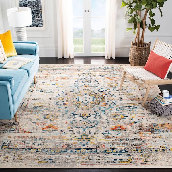 Madison Cream/Blue 12 ft. x 18 ft. Border Geometric Floral Medallion Area Rug