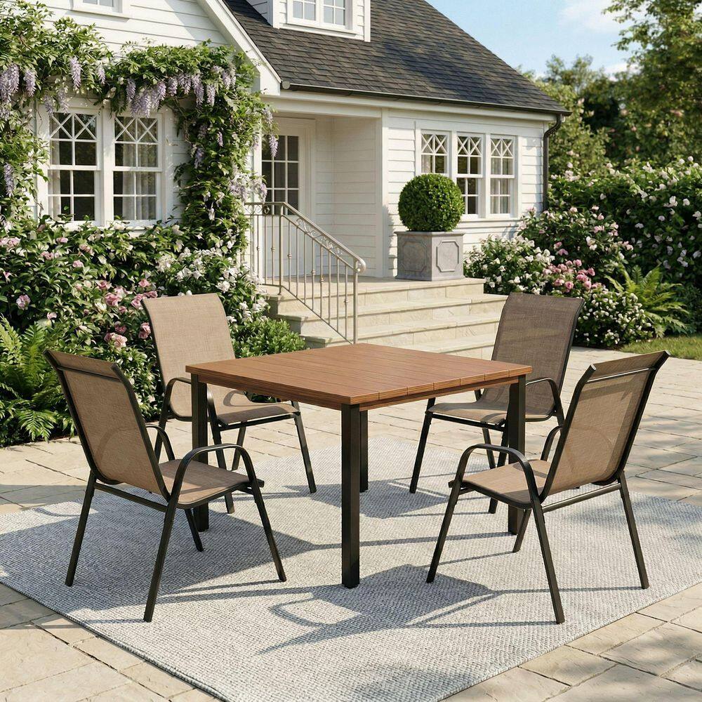5-Piece Metal Outdoor Dining Set with 40.2 in. Walnut Square Patio Table and 4 Brown Stackable Textilene Chairs price history on PriceWatchPro