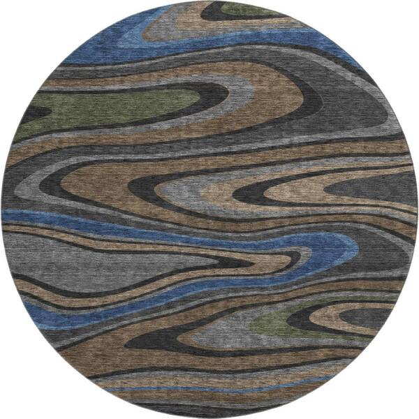 Mayfield Premium Machine Washable Abstract AMF2494 Black 8 ft. x 8 ft. Round Rug