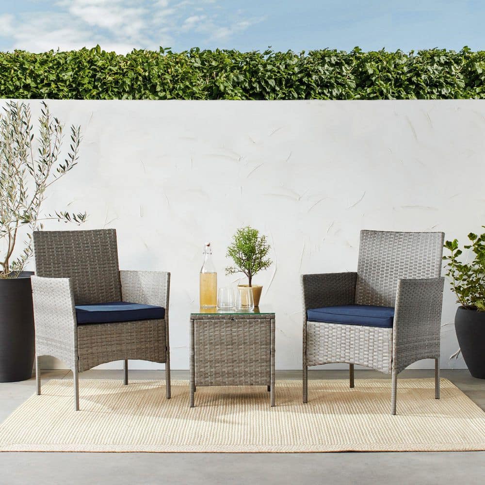 Gray Wicker 3-Piece Patio Bistro Set with Navy Cushions