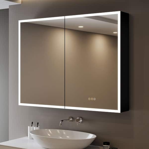 Flora 36 in. W x 32 in. H Rectangular Aluminum Black Recessed Medicine Cabinet with Mirror and Light, Interior Lighting
