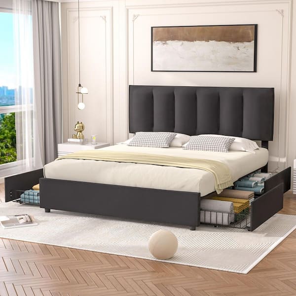 Upholstered Bed Frame Black Queen Metal Frame With 4-Storage Drawers and Adjustable Headboard Platform Bed