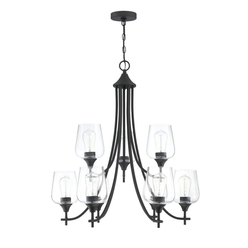 TYCOLIT 60Watt 9Light Matte Black Classic Chandelier With Glass