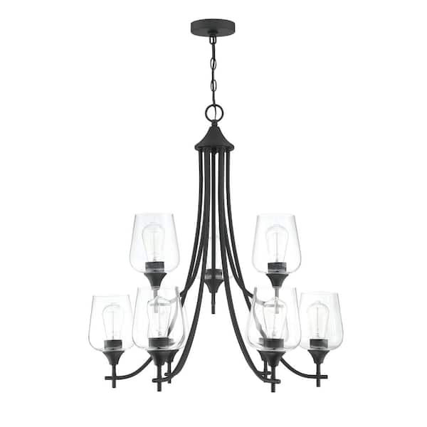 TYCOLIT 60-Watt 9-Light Matte Black Classic Chandelier With Glass Shades (Bulbs Not Included)
