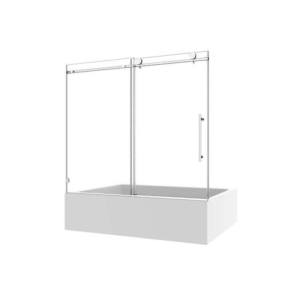 CASAINC 60 in. W x 63 in. H Frameless Shower Door Stainless Steel in Chrome with Adjustable Soft Closing Function