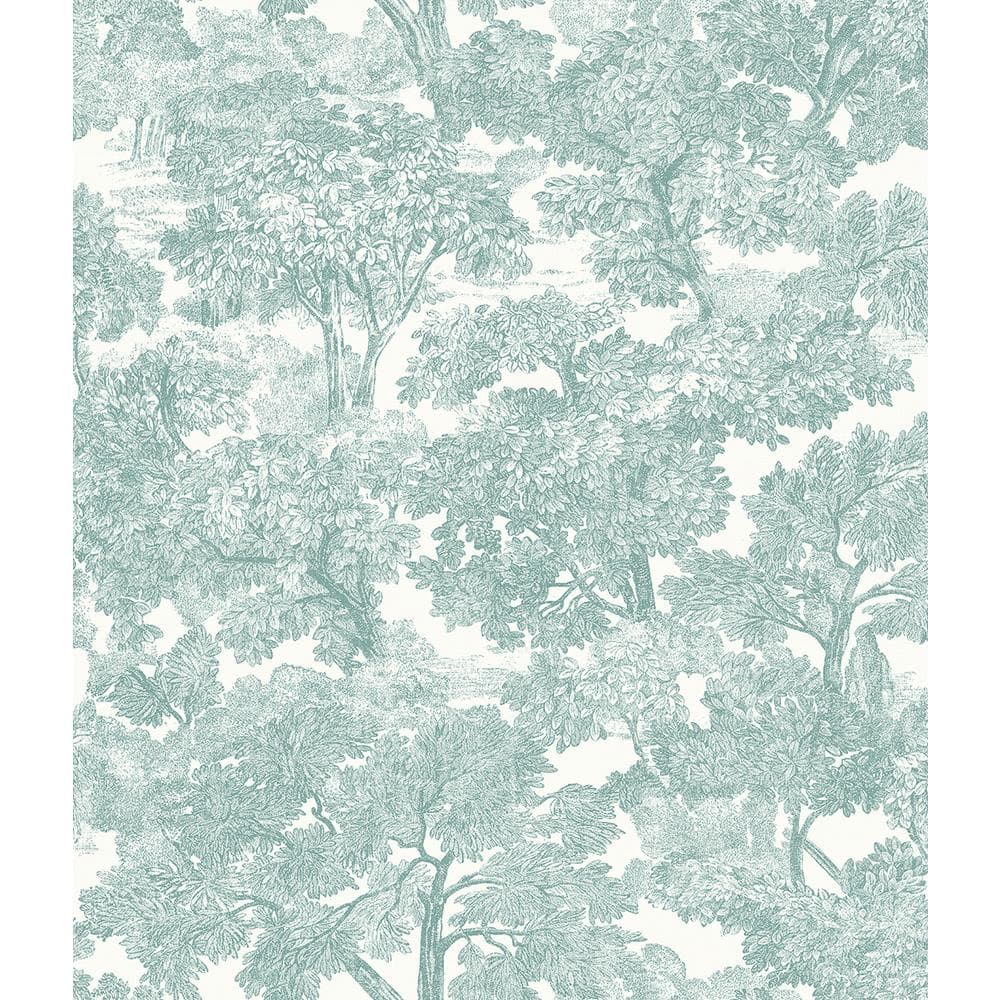 Teal and White Hand Drawn Toile Wallpaper Roll