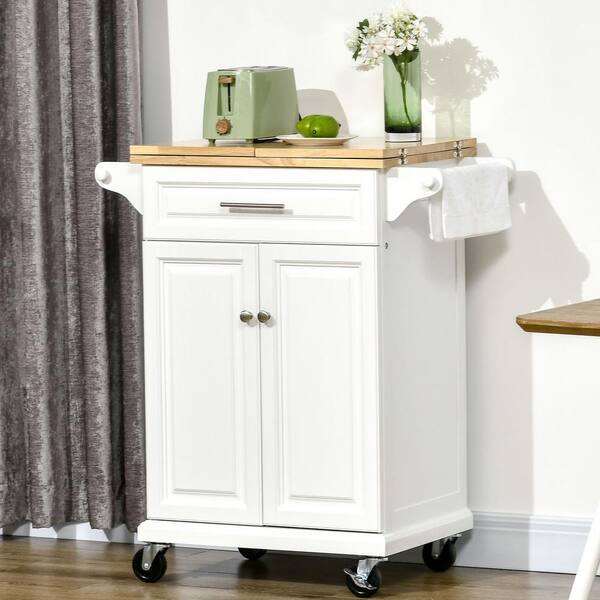 FAMYYT Rolling Drop Leaf White Wood Top 47 in. Kitchen Island with Adjustable Shelf and Drawer