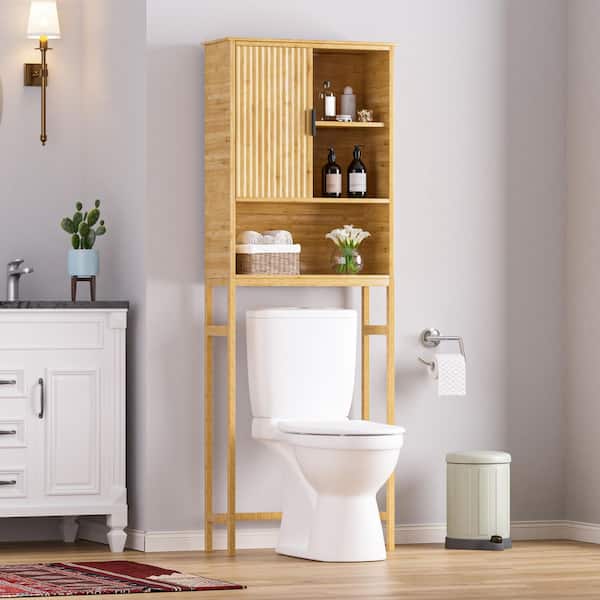 66.9 in. H x 9.5 in. D x 24.4 in. W Yellow Bamboo Over the Toilet Storage with the Sliding Door and Open Storage Area