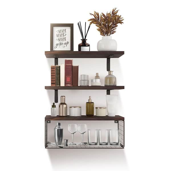 5.9 in. W x 0.6 in. H x 15.7 in. D Wood Adjustable 2 in 1 Floating Shelves with Storage Basket, Rustic Wall Shelving Set