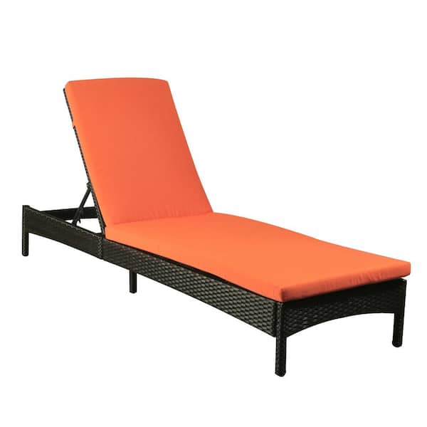 Unbranded Wicker Outdoor Adjustable Chaise Lounge Patio Poolside Reclining Folding Backrest Lounge Chair with Orange Cushions