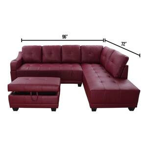 Bill 3-Piece Red Faux Leather 3-Seater L-Shaped Right-Facing Sectional Sofa with Ottoman