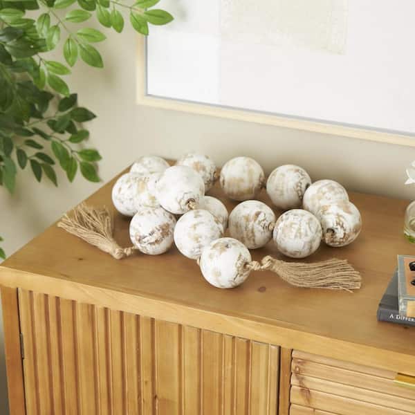 Litton Lane White Handmade Mango Wood Round Extra Long Washed Orb Garland with Tassel with Knotted Brown Jute Decorative Balls