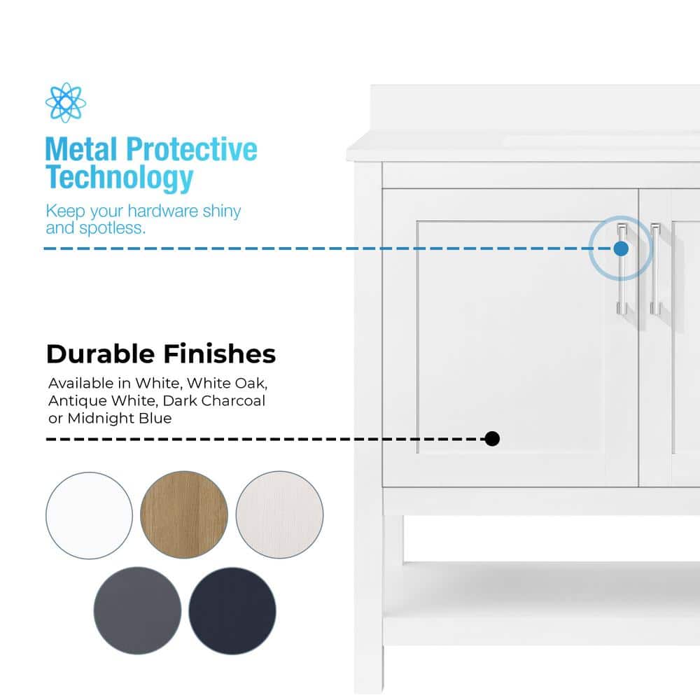 Vegas 36" Pure White Freestanding Bathroom Vanity with Marble Top